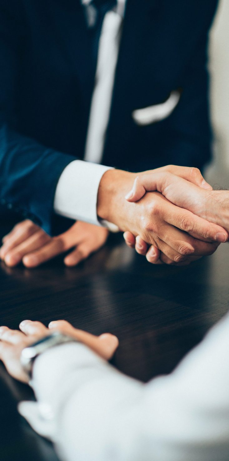 Handshake confirming business deal Business people reaching agreement, shaking hands. Toned image, focus on handsake
